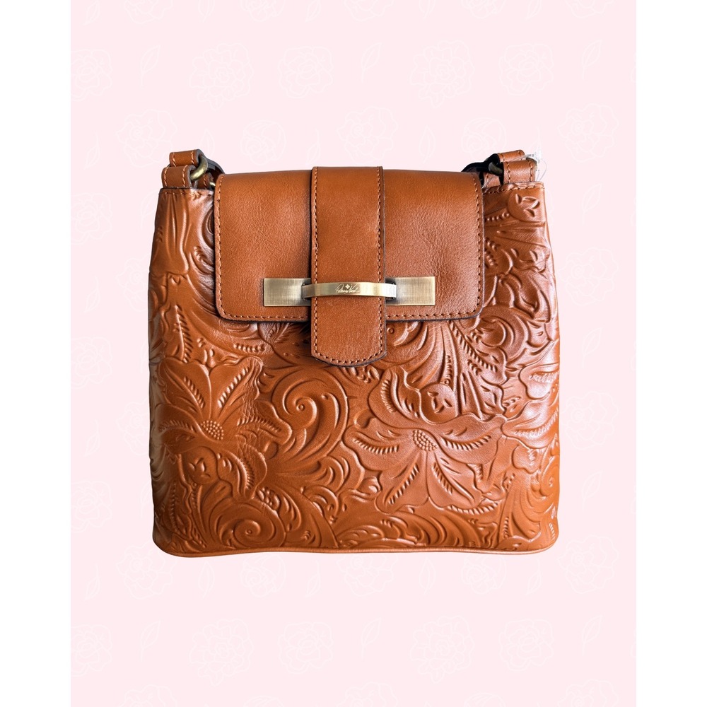 NEW Patricia Nash Larone Brown Tooled Leather Bag Embossed Floral Tan Cognac